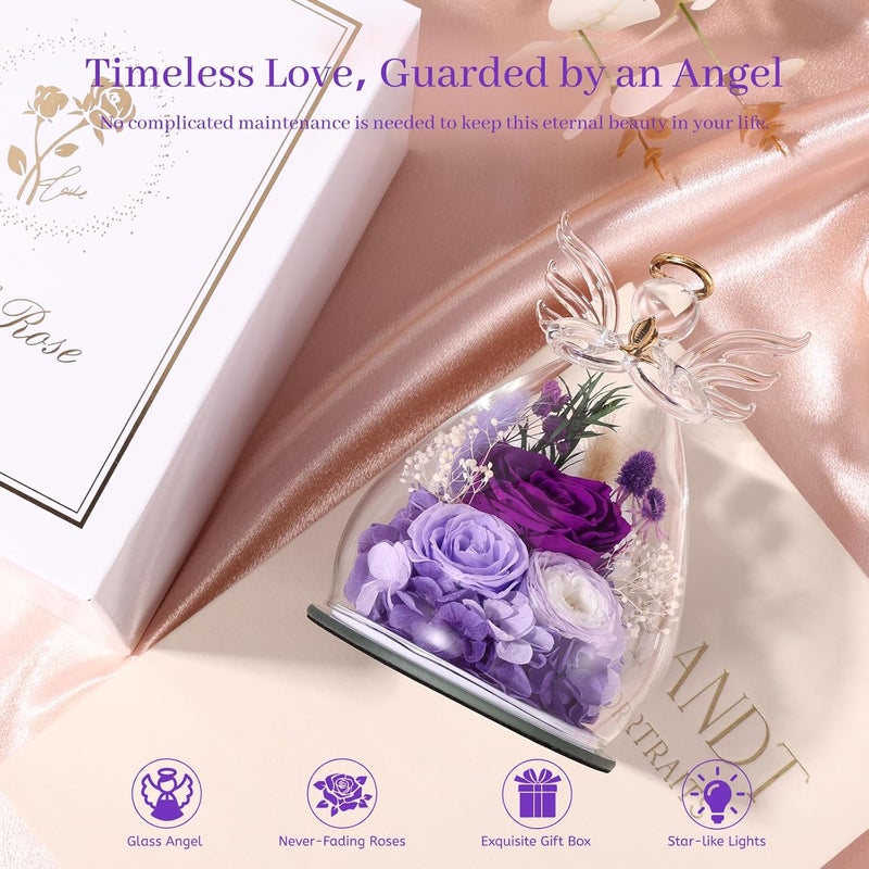 Bessol Gifts for Women, Valentines Day Decorations Flowers for Delivery Fresh Bouquet Forever Preserved Flowers Real Rose Angel Figurine Glass, Xmas Decor Gifts for Mom Grandma Wife Sister, Purple - Image 3